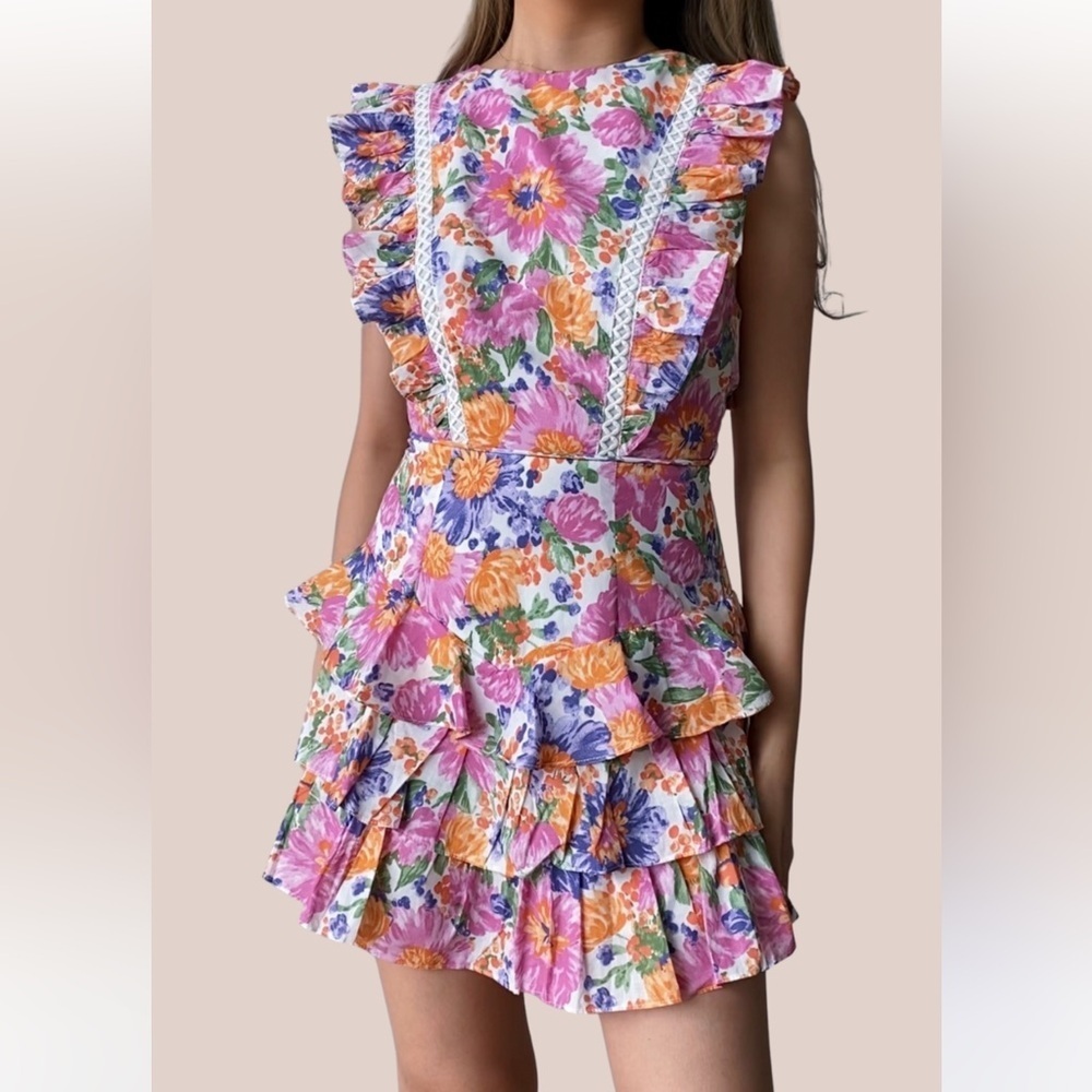 NEW‎ Selfie Leslie Multicolor Floral Ruffle Skirt Romper Size Large Preppy Party